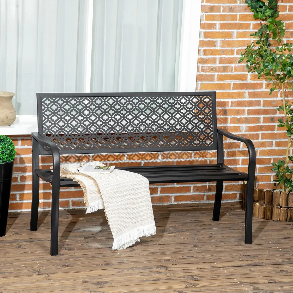 Banc d'Extérieur en Métal Noir Design Classique pour Terrasse et Balcon