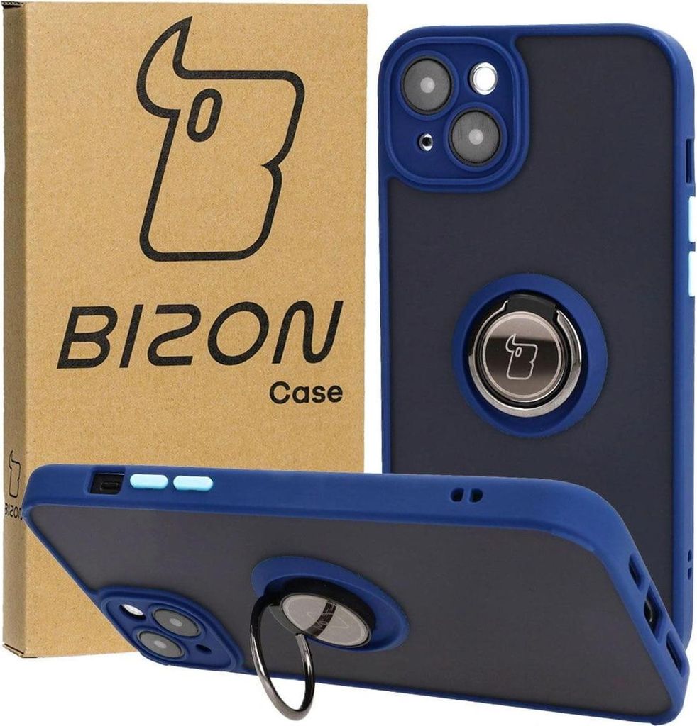 Bizon Case Hybrid Ring Fingerringhülle für iPhone 15 Plus, Rauch mit marineblauem Rahmen