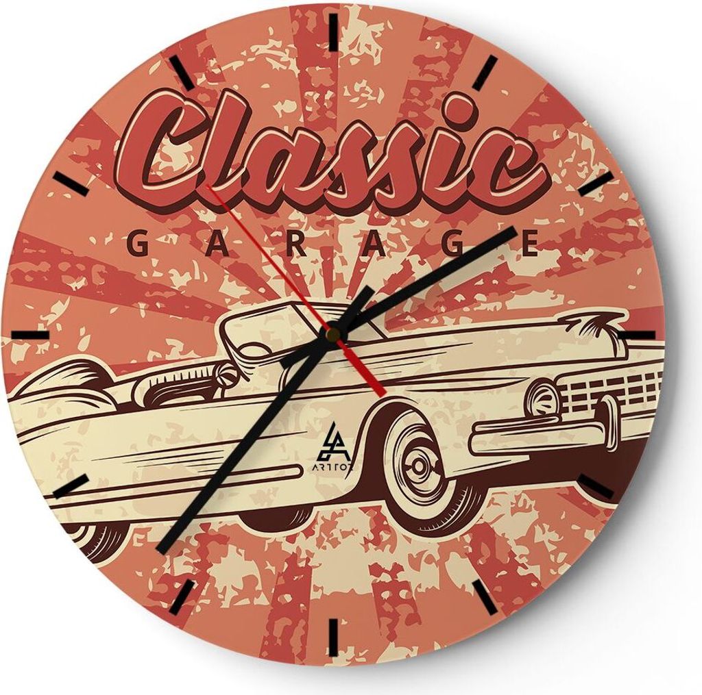 Wanduhr - Rund - Glasuhr - Auto klassisch - 30x30cm - Schleichendes Uhrwerk - Lautlos - zum Aufhängen bereit - Dekoration Modern - Wanddekoration ...
