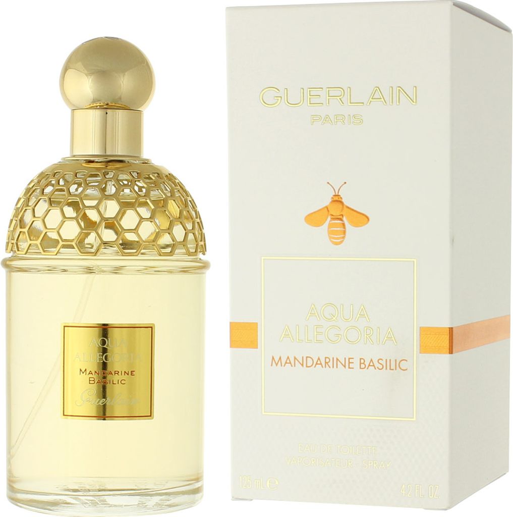 A bottle of Guerlain Aqua Allegoria Mandarine Basilic perfume and its packaging.