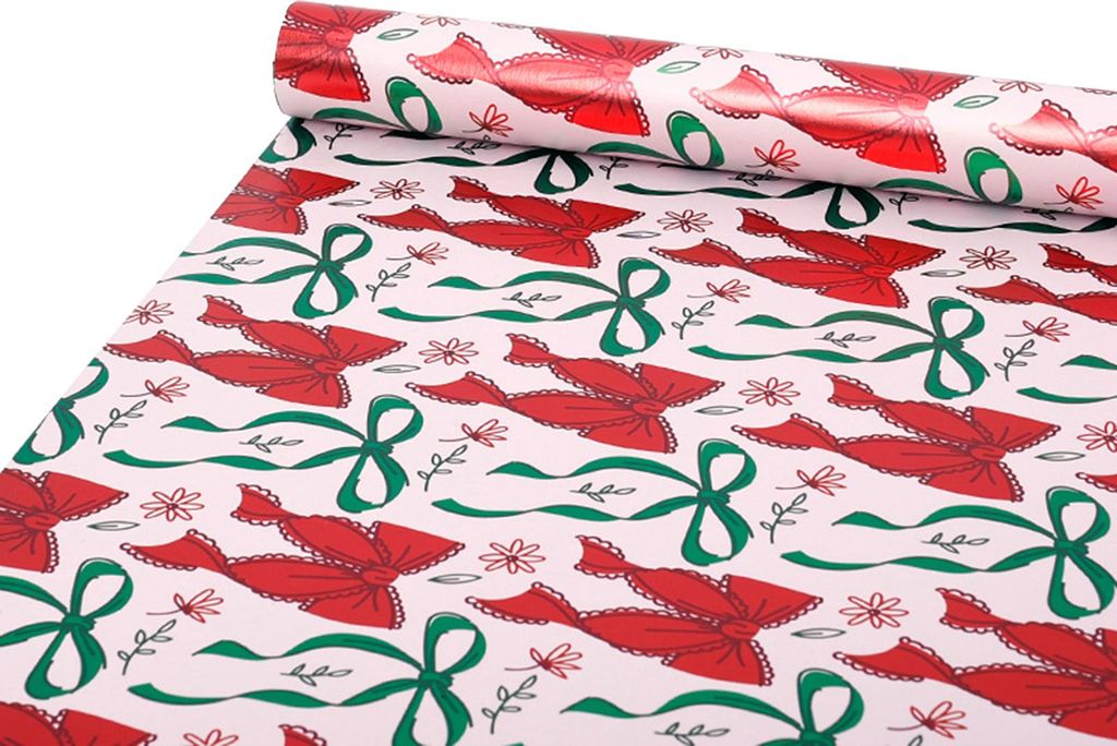Weihnachtsgeschenkpapierrolle 43 x 305 cm (17 x 120 Zoll), Schneeflockenmuster, Schleife, Vintage-Weihnachtsgeschenkpapier für Weihnachtsfeiern