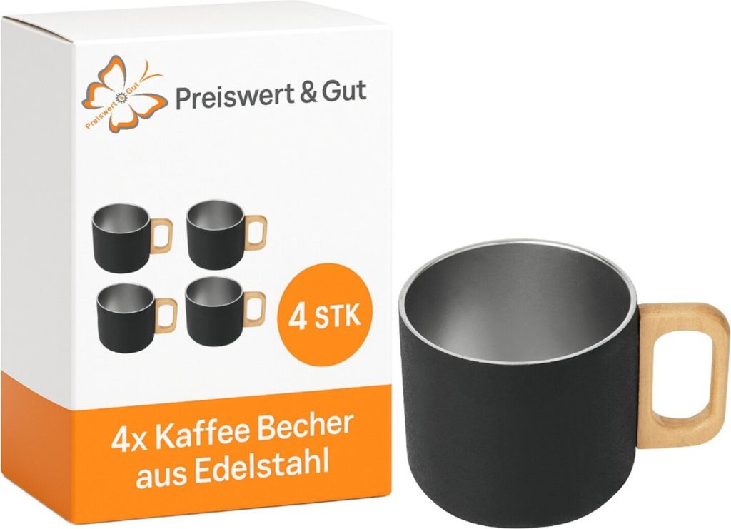 4x Kaffee Becher Edelstahl Holzhenkel pflegeleicht Tasse Edelstahl für Büro kompakter Trinkbecher Ø8,5x8cm in Schwarz