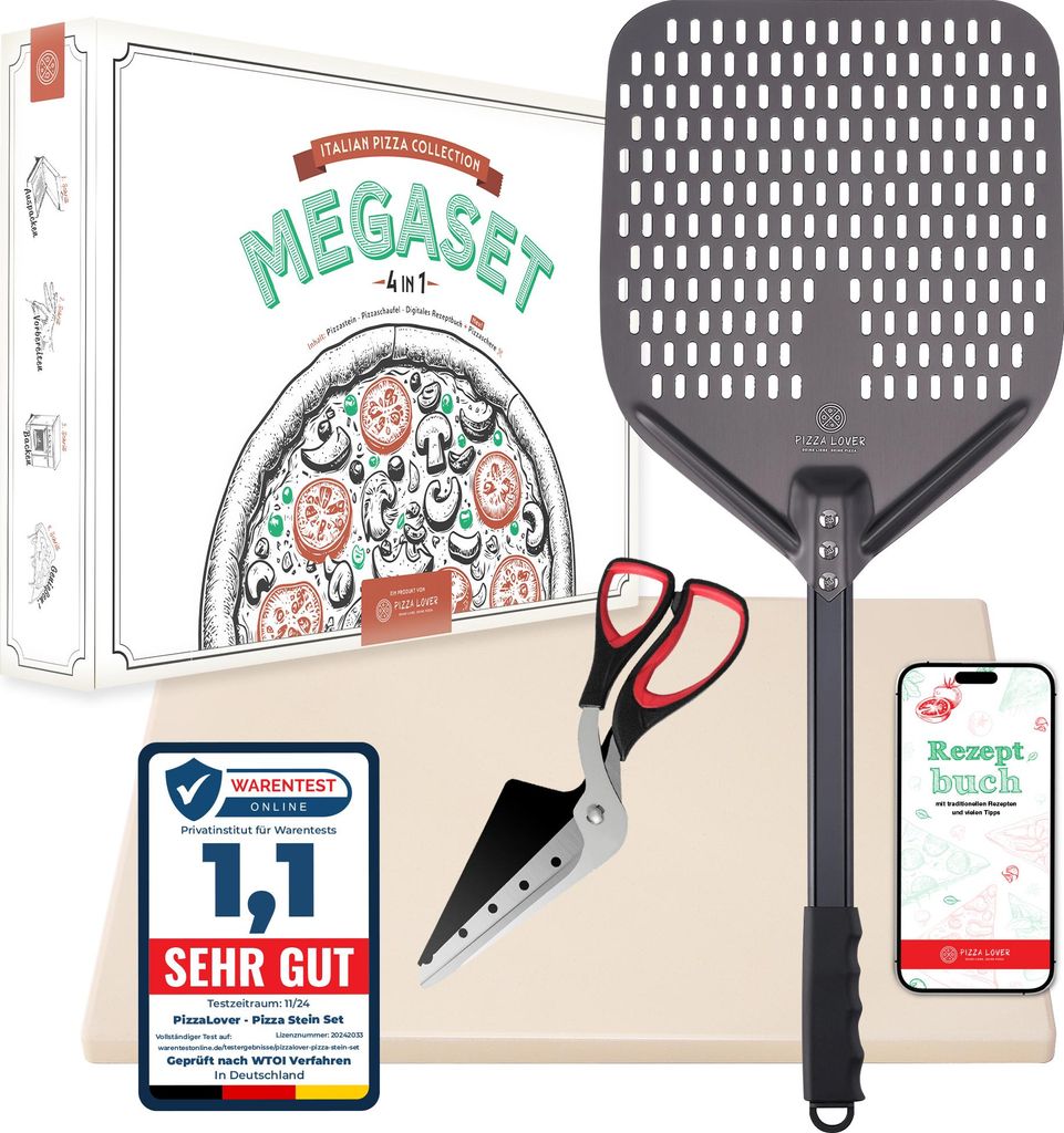 Pizza Lover Premium Pizzastein-Set für Backofen & Grill – 4in1 – inkl. perforiertem Pizzaschieber + Pizzastein bis 800°C aus Cordierit + Pizz...