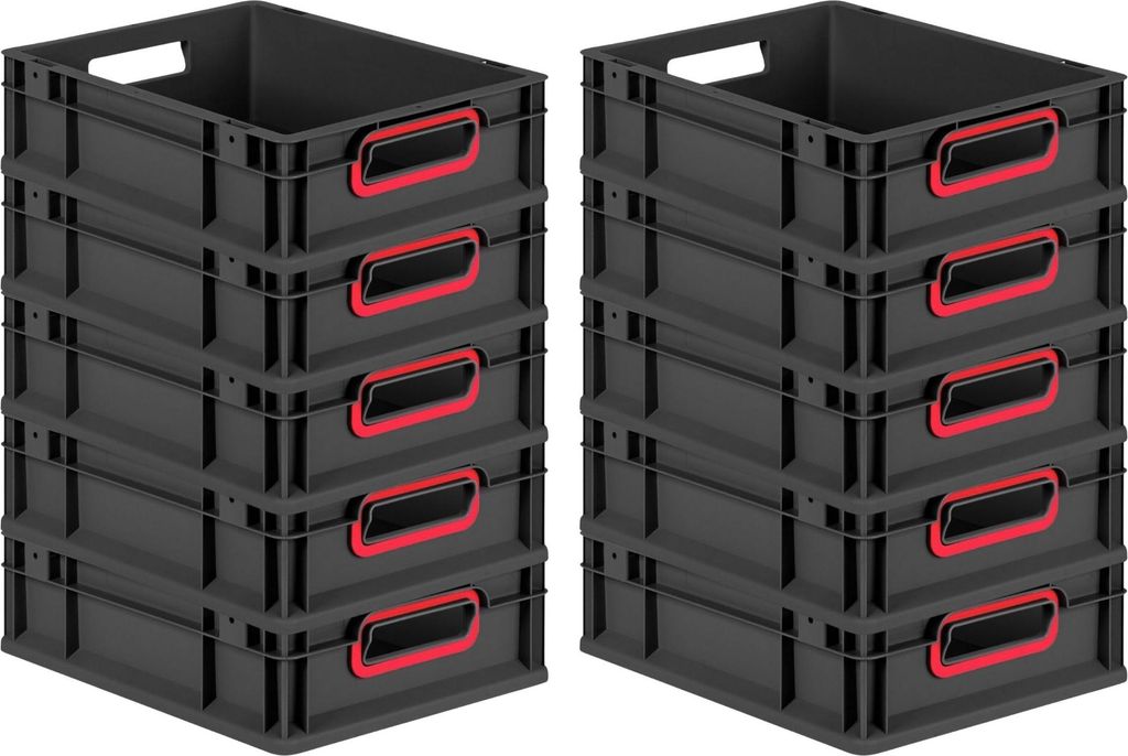 SparSet 10x Eurobox NextGen Color | HxBxT 12x30x40cm | 11 Liter | Griffe rot offen | Schwarz | Eurobehälter, Transportbox, Transportbehälter, Sta...