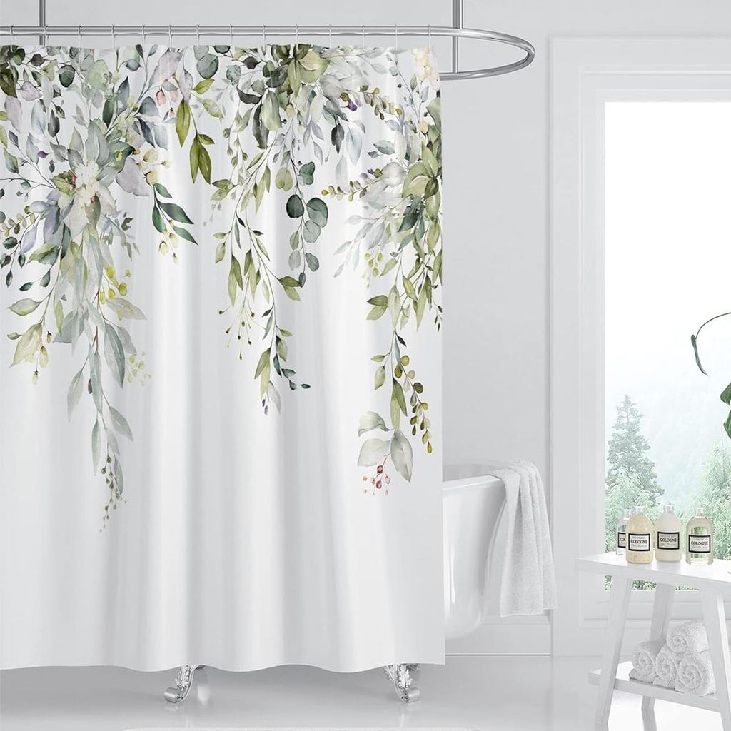 Duschvorhang Pflanzen Blätter, Digitaldruck, Wasserdicht, Anti-Schimmel, Polyester, Nordisch Modern, 180×180 cm