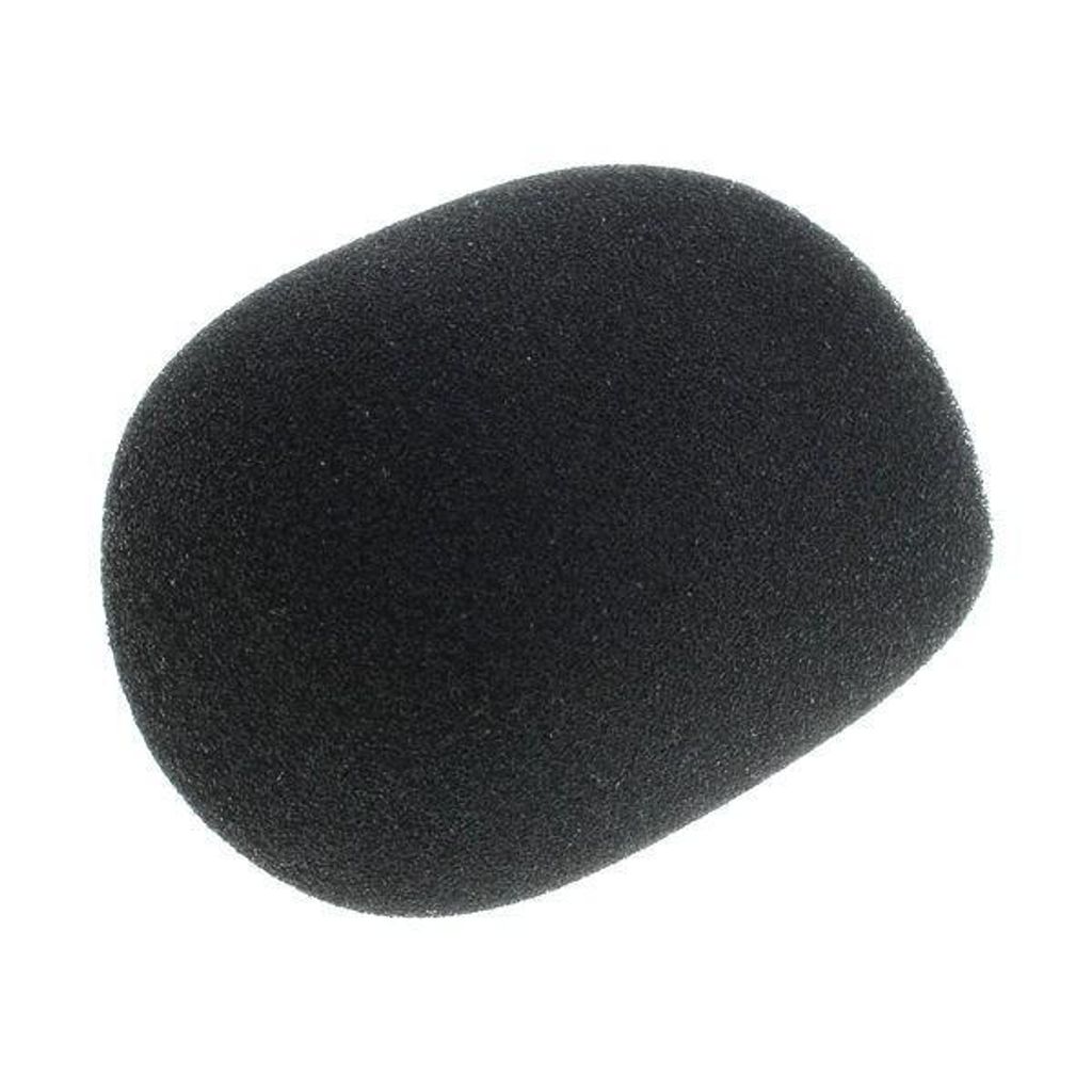 A black foam microphone windscreen is shown against a white background.