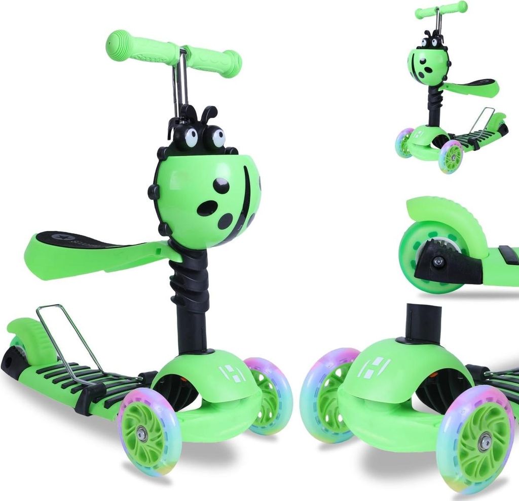 Habib 3-in-1 Kinderroller für Jungen & Mädchen – Abnehmbarer Sitz, LED-Räder, höhenverstellbarer Lenker. Ideal für 2-8 Jahre. Grün