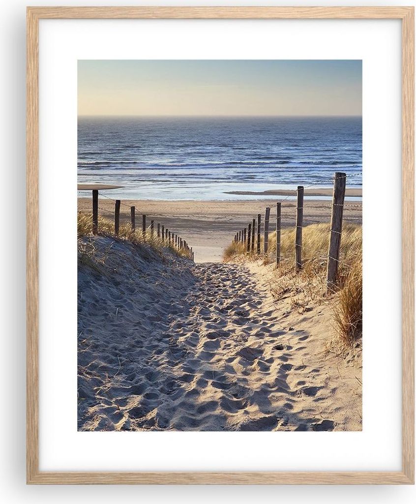 Gerahmtes Poster - Rahmen in heller Eiche - Meer Strand Düne - 40x50 cm - Wand Bild - Wanddeko - Wandbilder - Kunstposter - Wandposter - Bilderrah...