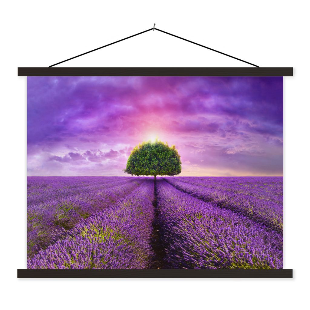 MuchoWow Textilposter Lavendel - Baum - Lila - Wolken 150x113 cm mit holzfarbenen Rahmen - Poster