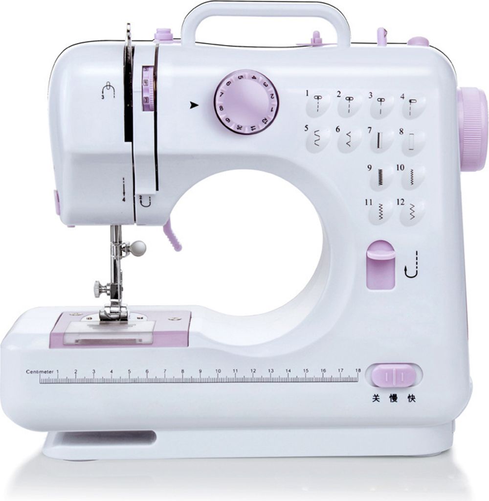 A white and purple electric sewing machine is shown from the front.