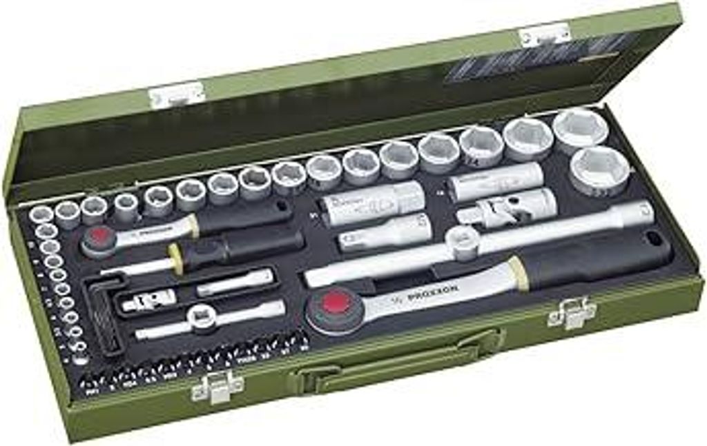 PROXXON Steckschlüsselsatz, Komplettkasten mit 1/4-und 1/2-Umschaltratsche sowie Schraubendrehergriff, 56-teiliges Werkzeug-Set mit Stahlkasten, 2...
