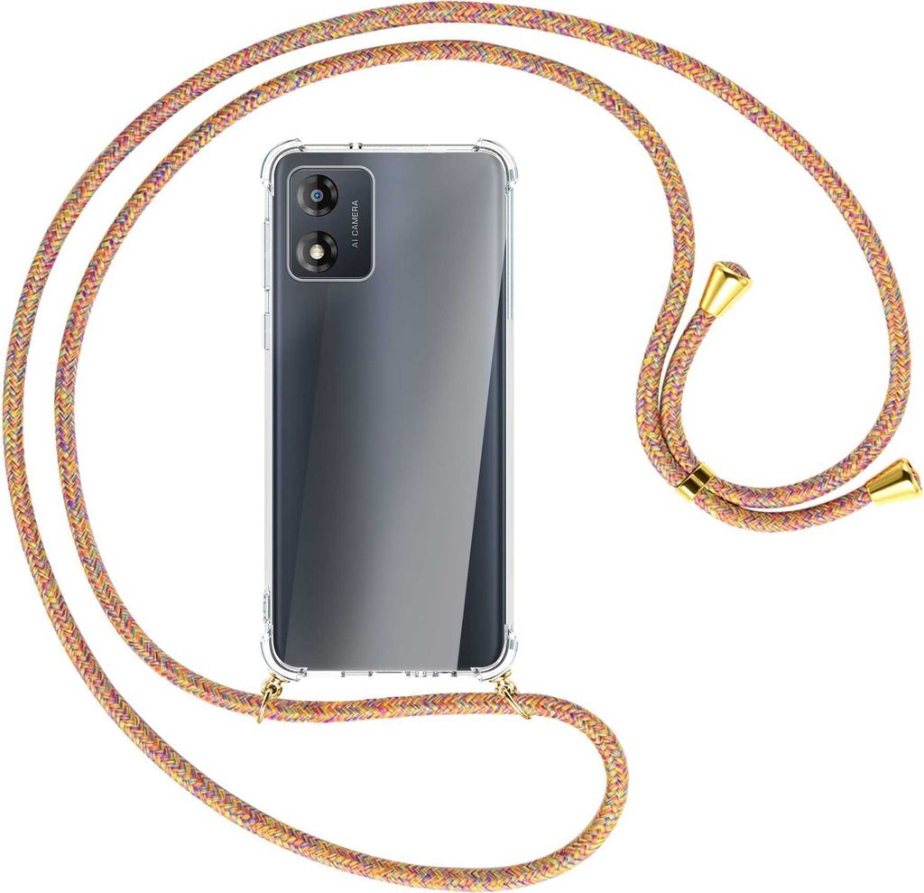 Handykette Backcover-Schutzhülle mit Band (Metall goldfarben) für Motorola Moto E13 (6.5'') - Rainbow