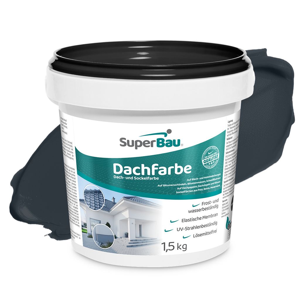 Superbau Dachfarbe Anthrazit 1,5kg, Sockelfarbe WASSERDICHT, Fassadenfarbe für Außen, Dachbeschichtung für Blechdach, Bitumen Dachpappe Schindel...