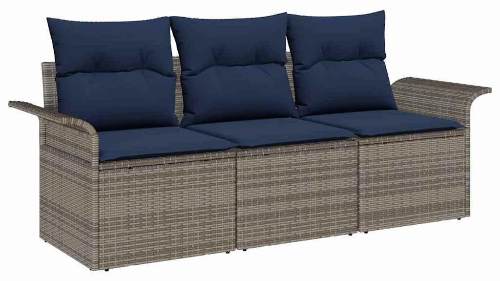 vidaXL Garten-Sofa-Set mit Kissen mit Speicher 3 pcs Grau Poly Rattan
