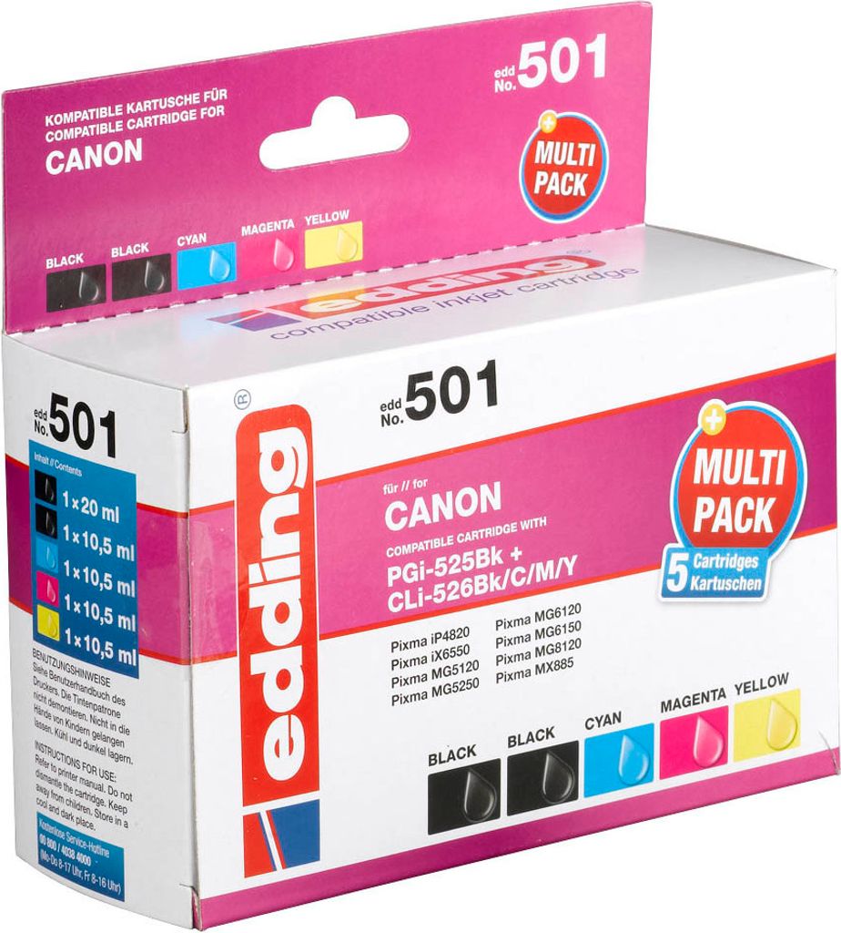 Edding Druckerpatronen Multipack 5 | Für Canon PGI-525/CLI-526 | 2x Schwarz, Cyan, Magenta, Gelb | 440-960 Seiten