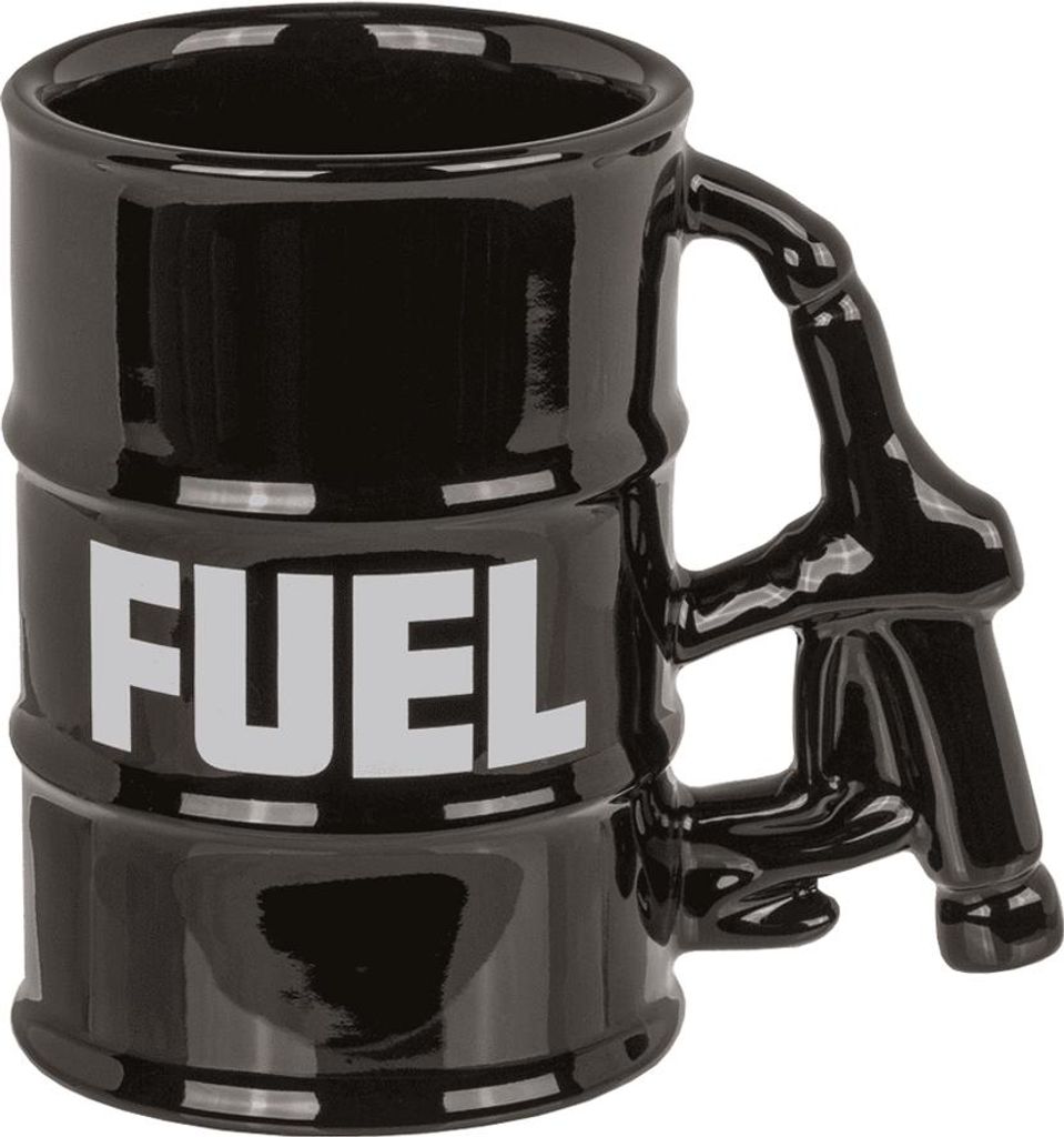Schwarze Tasse in Fassform mit Pumpe