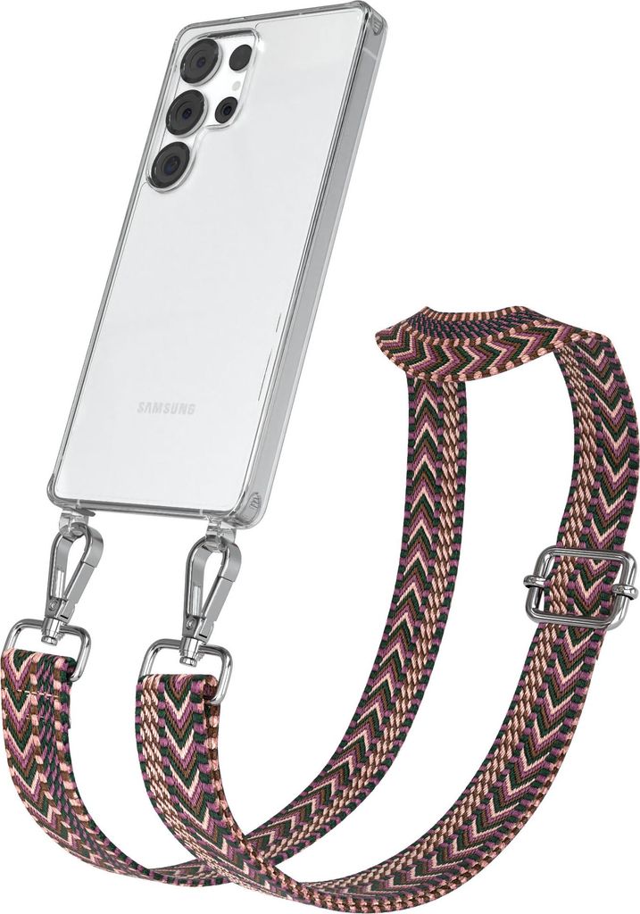 EAZY CASE Samsung Galaxy S25 Ultra Chain Eyelets Slim Neck Strap Set Zig Zag Berry - light Pink 10 Metall Silver