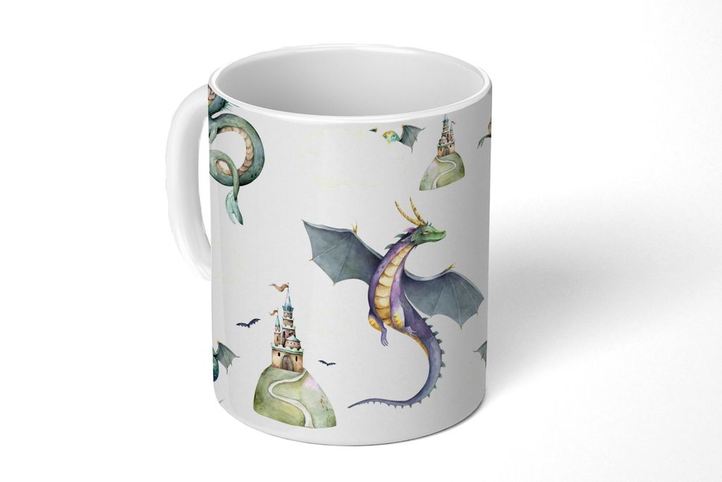 KitchenYeah Tasse Kaffeetasse Kaffeebecher 350 ml Jungen - Muster - Drache - Burg Teetasse - Fototasse - Becher - Keramikbecher - Teebecher - Kaf...