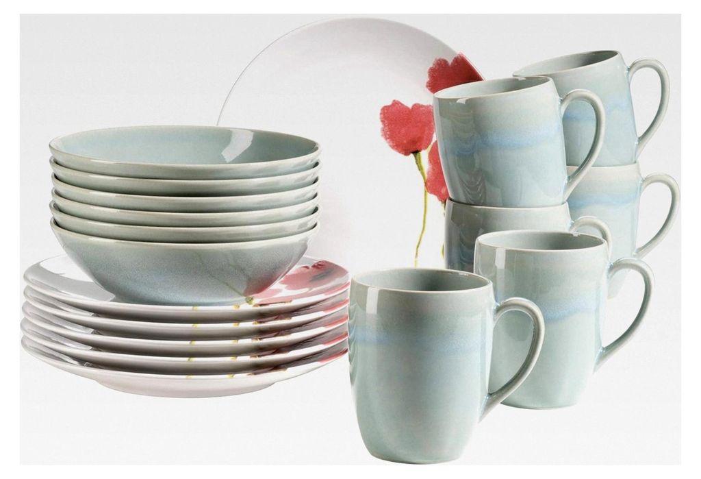 Ossia Aguarela Geschirrset für 6 Personen im Vintage-Look, 18-teiliges Keramik Frühstücksset mit Frühstücksteller, Müslischale und großen Ka...