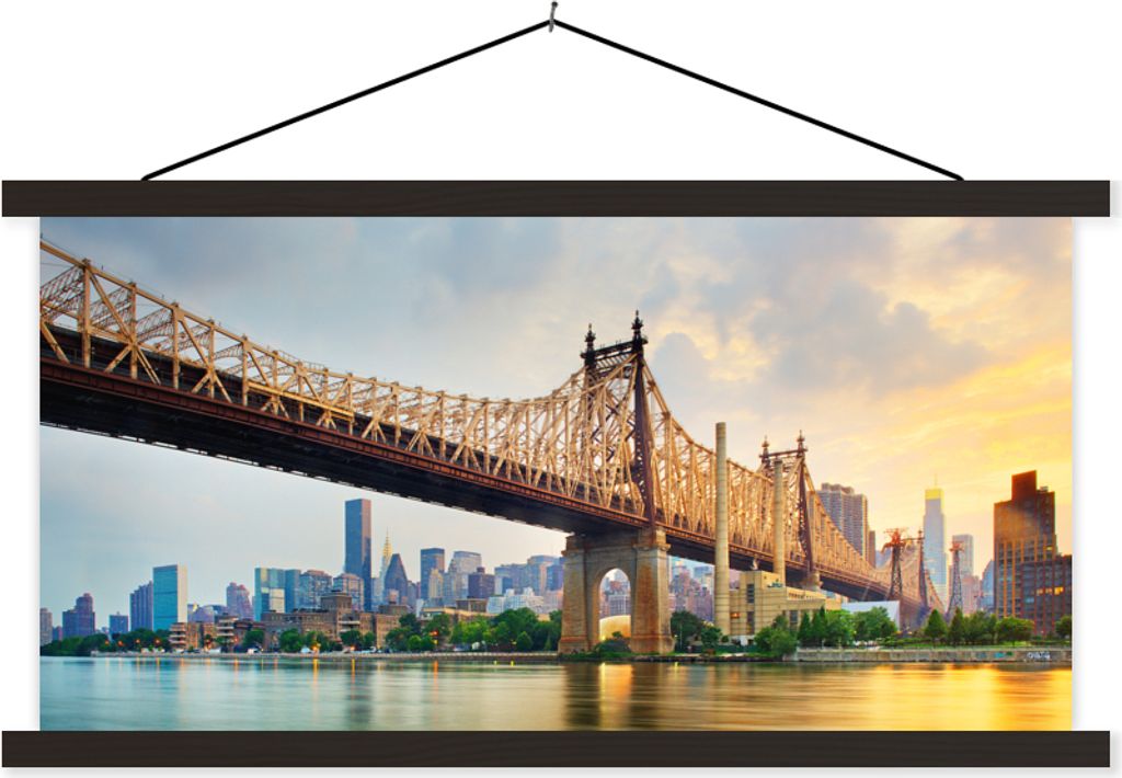 MuchoWow Textilposter New York - Queens - Manhattan 90x45 cm mit schwarzem Rahmen - Klemmleisten