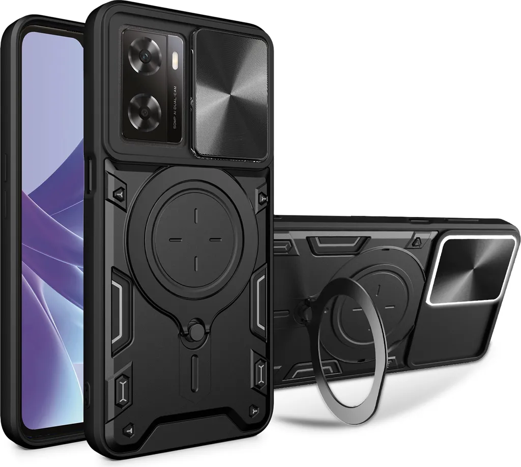 Custodia per Oppo A57 5G / OnePlus Nord N300 custodia resistente a doppio strato con copertura della fotocamera e supporto circolare ad anello Nero