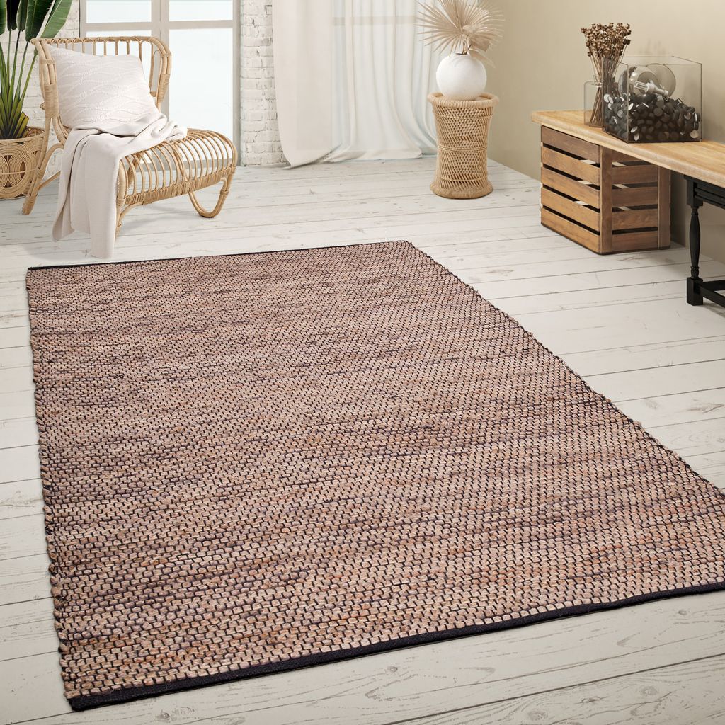 Teppich Wohnzimmer Kurzflor Jute Handgewebt Meliertes Ethno Muster Naturfaser Grösse 160x230 cm