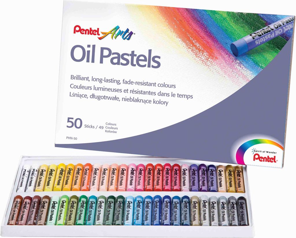 A box of Pentel Arts Oil Pastels with the pastels laid out in a tray.