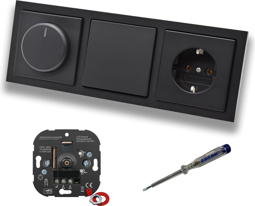 EBROM 1001 LED Drehdimmer Dimmer + Busch Jäger Dimmerscheibe 6540-885-102 + Lichtschalter 2000/6US + Steckdose 20EUC-885 Future Linear Schwarz mat...