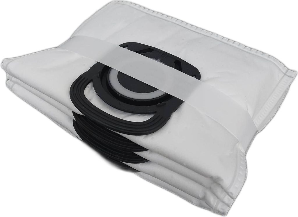 A stack of white vacuum cleaner bags with black plastic connectors.
