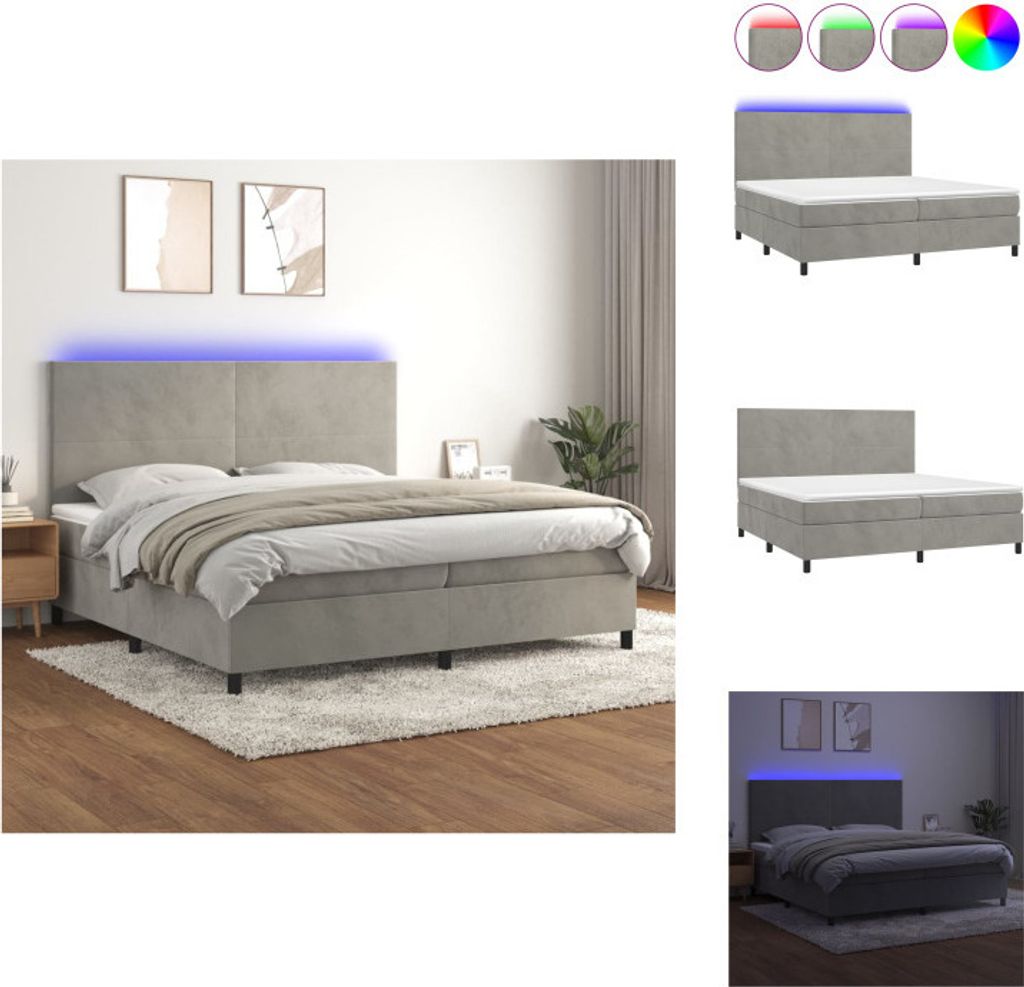 vidaXL Boxspringbett mit Matratze & LED Hellgrau 200x200 cm Samt - Betten & Bettgestelle