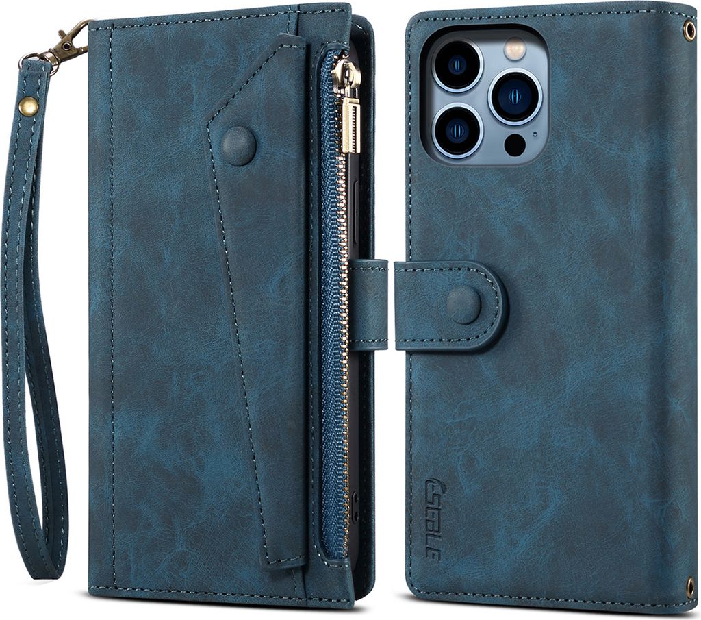 Schutzhülle für iPhone 15 Pro Max Reißverschluss Hülle, Leder Klapphülle Kartenfach Standfunktion Brieftasche mit Trageband Blau