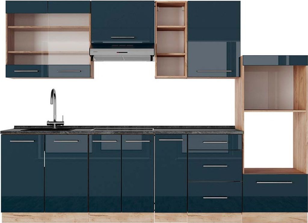 Küchenzeile Vicco Fame-Line Dunkelblau Hochglanz/Goldkraft Eiche 280 cm , AP Anthrazit, Model 49791