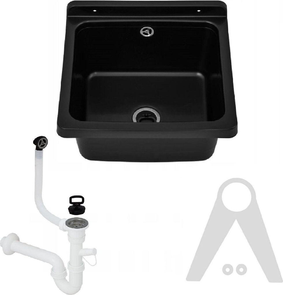 A black sink basin and its associated plumbing parts are displayed against a white background.