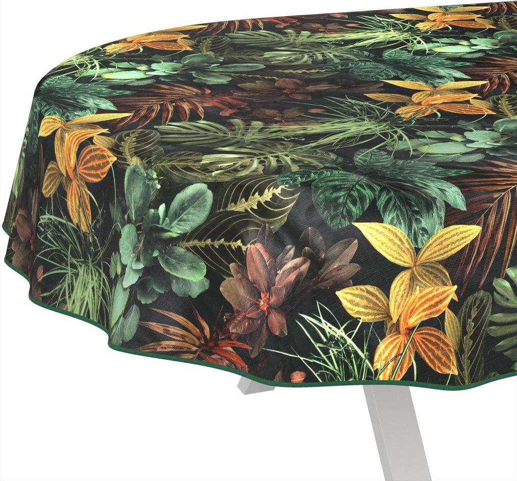 Tischdecke wasserabweisend abwaschbar Braun Oval 280x140cm Band Blätter Tropika Wachstuch Gartentischdecke