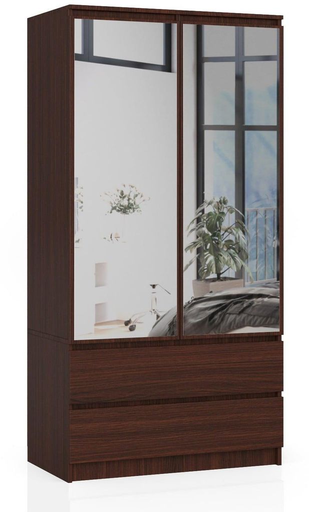 Kleiderschrank – Schlafzimmerschrank 2 Türen mit Kleiderstange – 90 cm – Dunkelbraun – Funktionaler Drehtürenschrank mit Spiegel und 2 Sc...