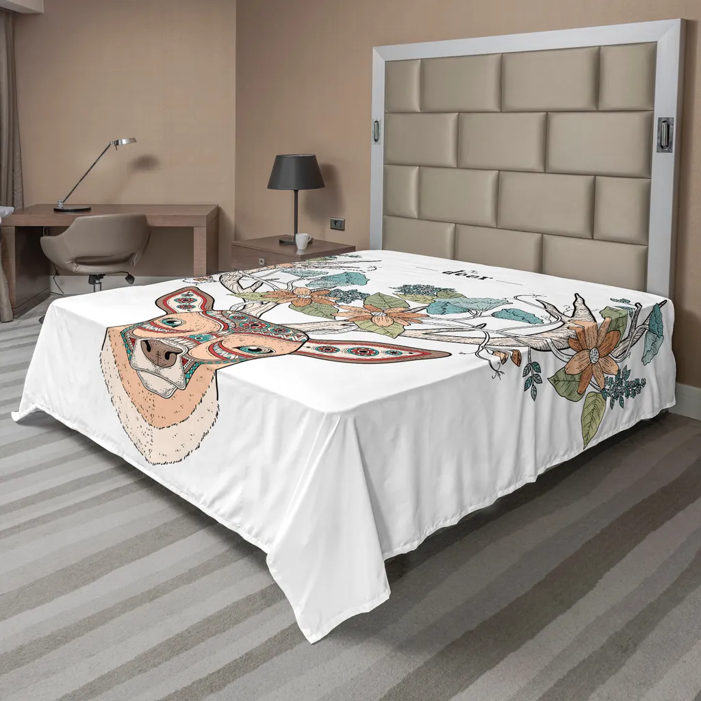 Drap de lit doux imprimé Cerf Blooms Ethnic 244x205 cm Beige Vert Bleu