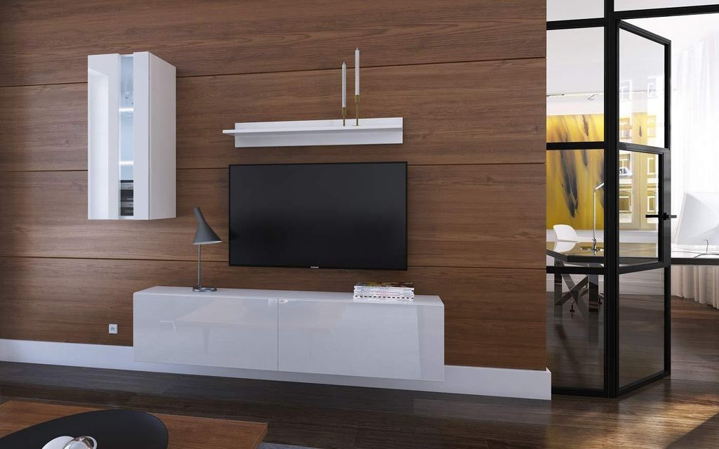 Furnitech Wohnwand Wohnzimmer - Hängend Wohnwand Modern - Regale und TV Schrank - Wohnzimmer Möbel ohne LED (Mery AN271-17W-HG21 1A Klein)
