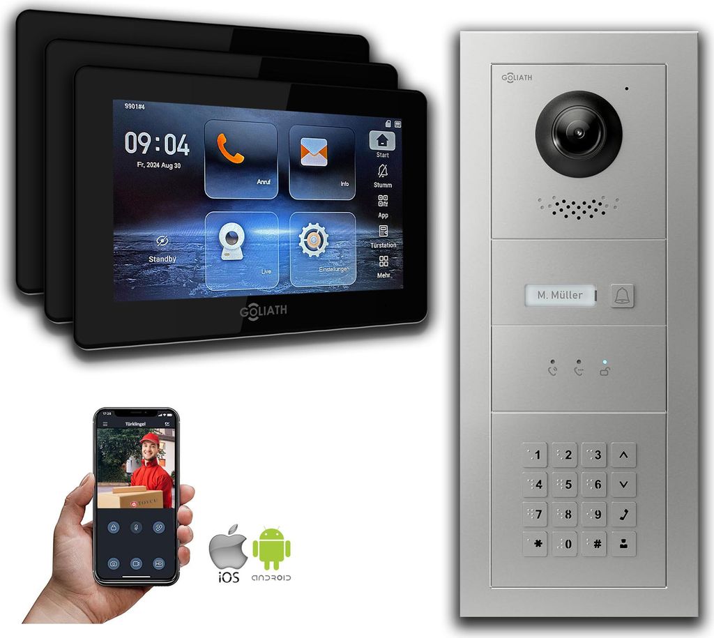 Goliath IP Video Türsprechanlage mit Kamera 7-Zoll Zahlencode Anzeige Silber : Aufputzdose : 7 Zoll in Schwarz : 3 Monitore Anzahl: 3 Monitore Far...