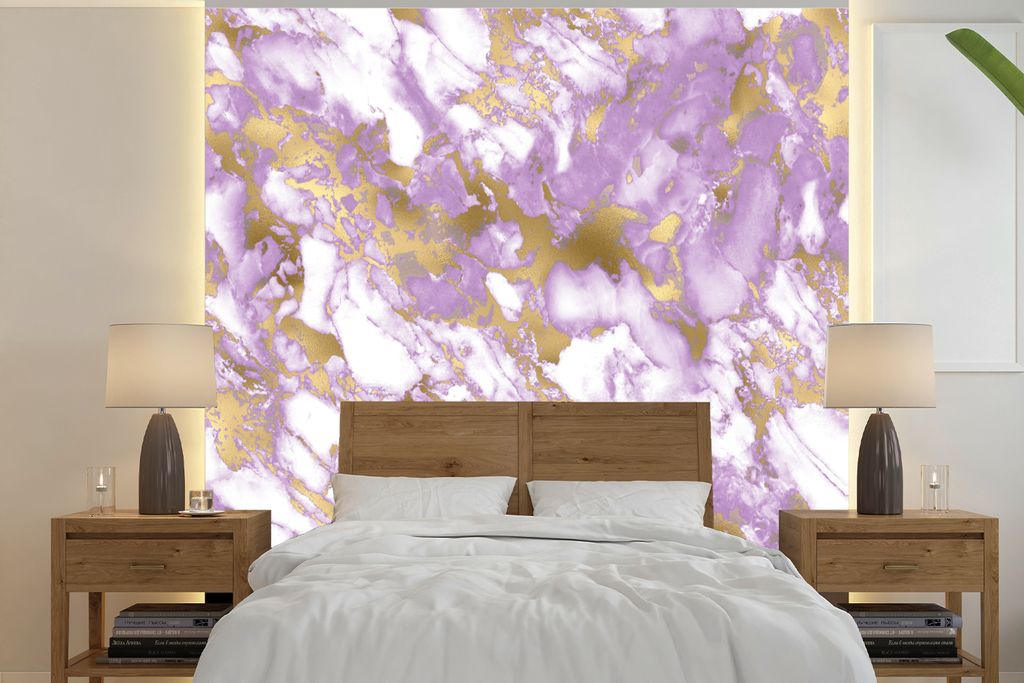 MuchoWow Fototapete für Wohnzimmer oder Schlafzimmer Wandtapete Vinyl Motivtapete Marmor - Weiß - Lila - Gold - 280x280 cm - Hintergrundbild