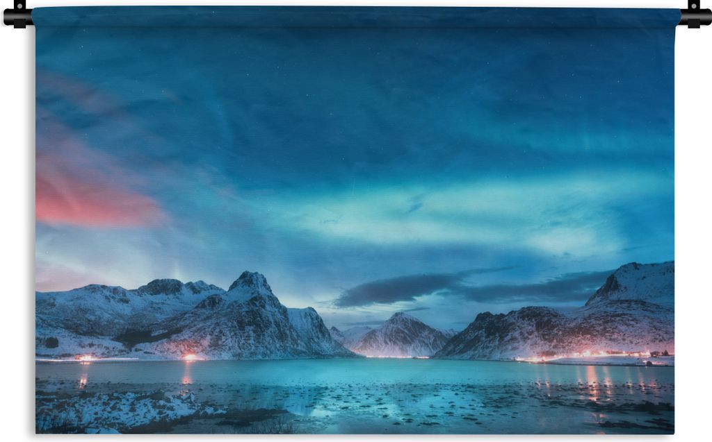 MuchoWow Wandteppich Wandbehang Nordlichter - Schnee - Berg - Nacht 120x80 cm Tapisserie Dekoration Wandtuch - Wanddekorationen - Wandtücher