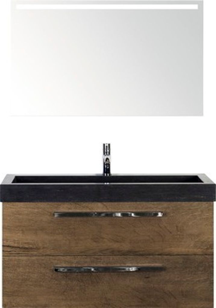 Badmöbel-Set Sanox Seville BxHxT 101 x 170 x 45,5 cm Frontfarbe tabacco mit Waschtisch Naturstein schwarz und Naturstein