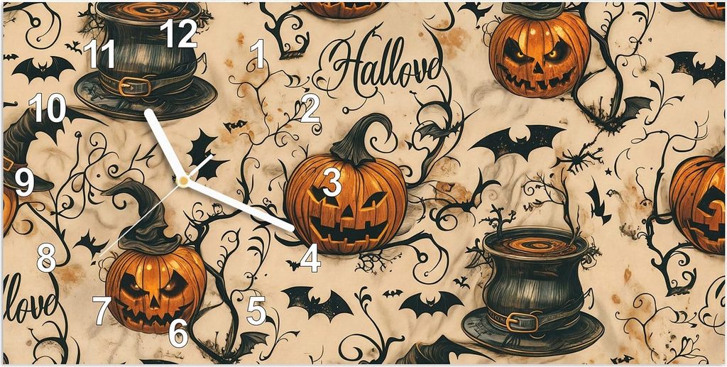Wanduhr aus Glas mit Motiv Halloween Kürbisse- 60 x 30 cm - inkl. Aufhängesystem