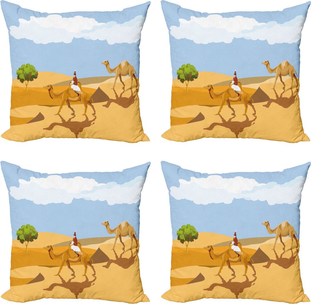 ABAKUHAUS Oase Kissenbezug Set (4 Stück), Frauen-Reiten auf einem Kamel, Moderner Doppelseitiger Digitaldruck, 60 cm x 60 cm, Mehrfarbig