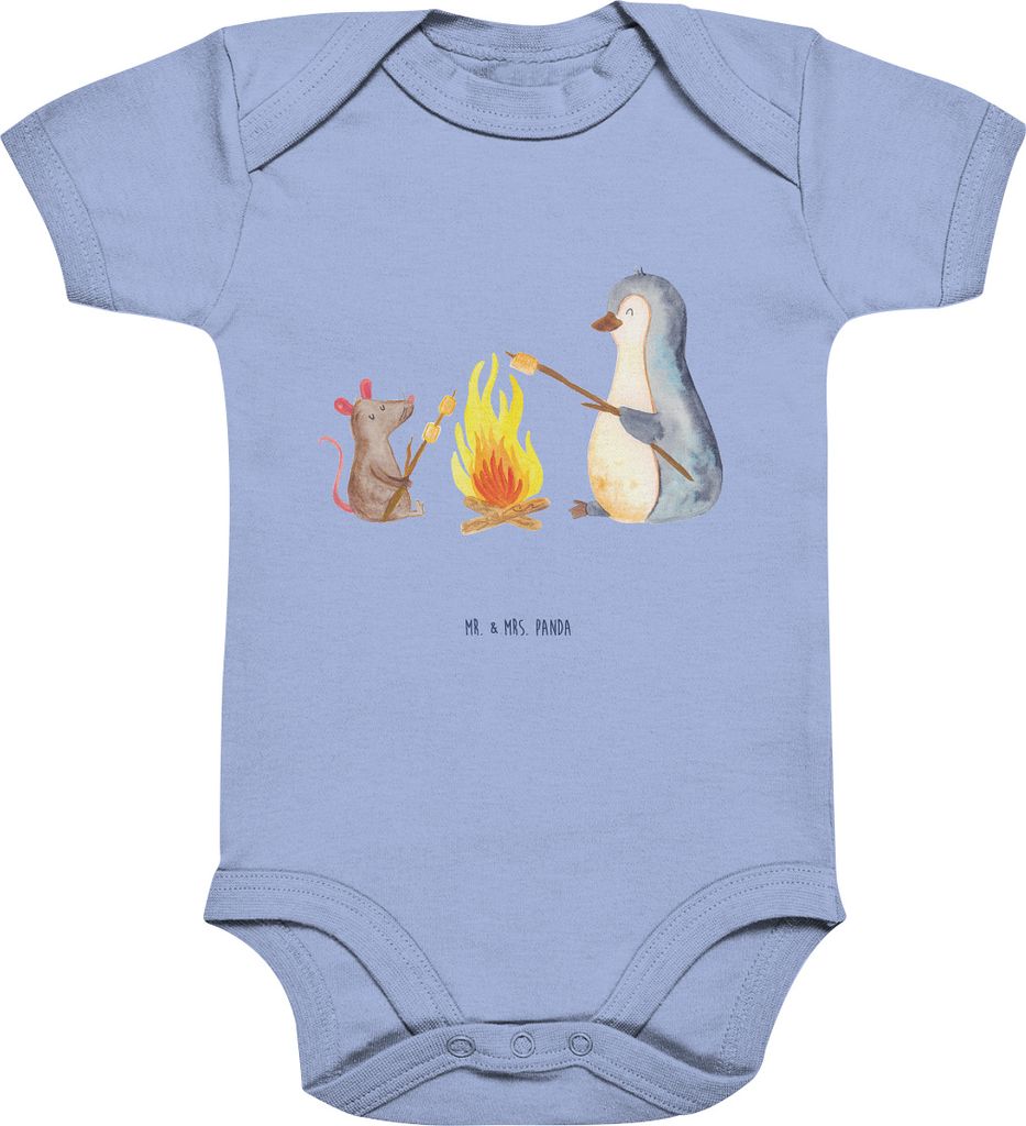 Mr. & Mrs. Panda Strampler Pinguin Lagerfeuer 6. - 12. Monat - Dusty Blue - Geschenk, Baby, Maus, Job, Babybody, kurzarm, overall, Feuer, Motivatio...