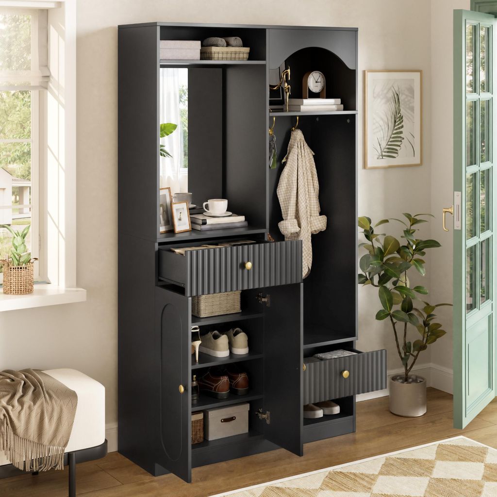 okwish Multifunktionaler Garderobensets mit Spiegel und Haken, Flurschrank mit Schuhschrank und Sitzbank,Flurgarderobe in Schwarz