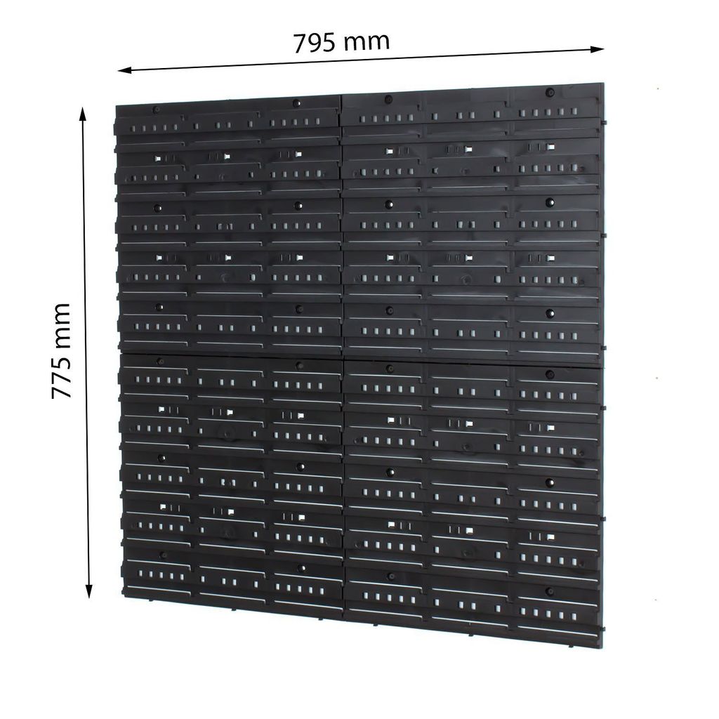 A grid of black plastic storage modules is shown against a white background, with dimensions indicated.