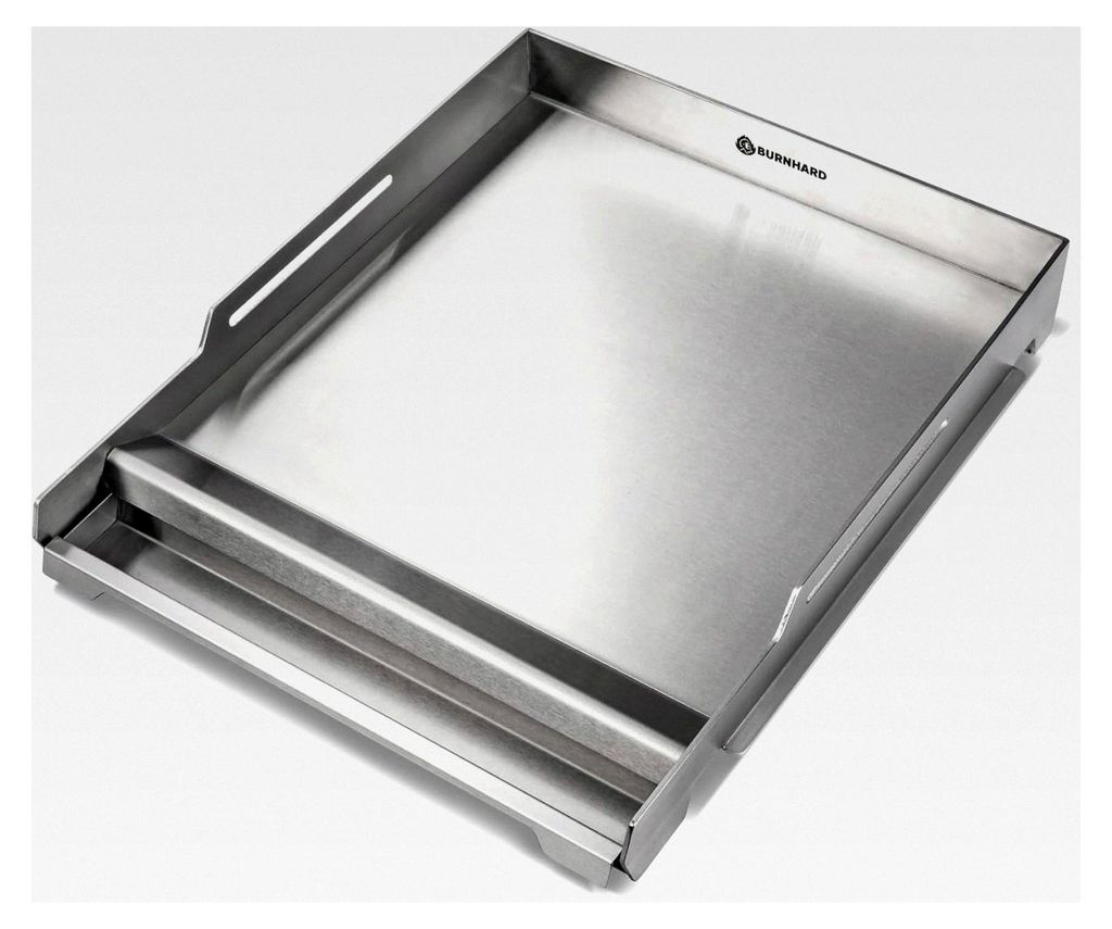 Premium Plancha Grillplatte aus Edelstahl für Gasgrill GRANT – massive 4 mm Grillfläche, hoher Rand und Fettauffangschale, spülmaschinenfest