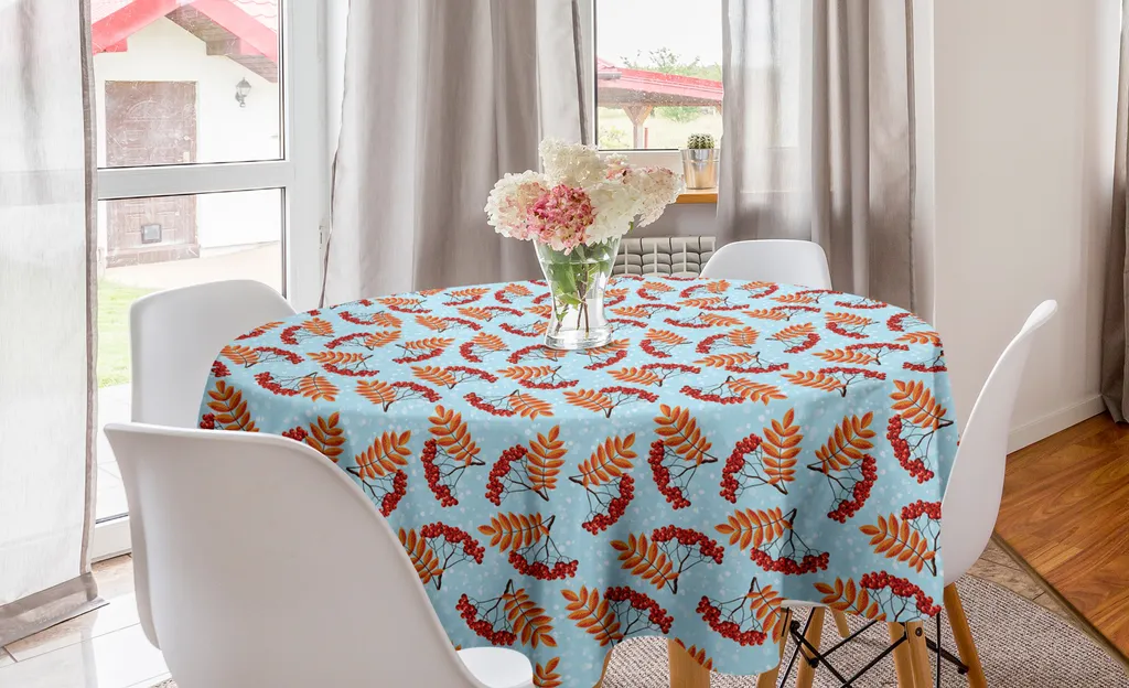 ABAKUHAUS Tovaglia rotonda in sorbo, foglie secche e grappolo di bacche, tovaglia circolare per sala da pranzo e decorazione della cucina, 150 cm, blu pallido, rosso e arancione