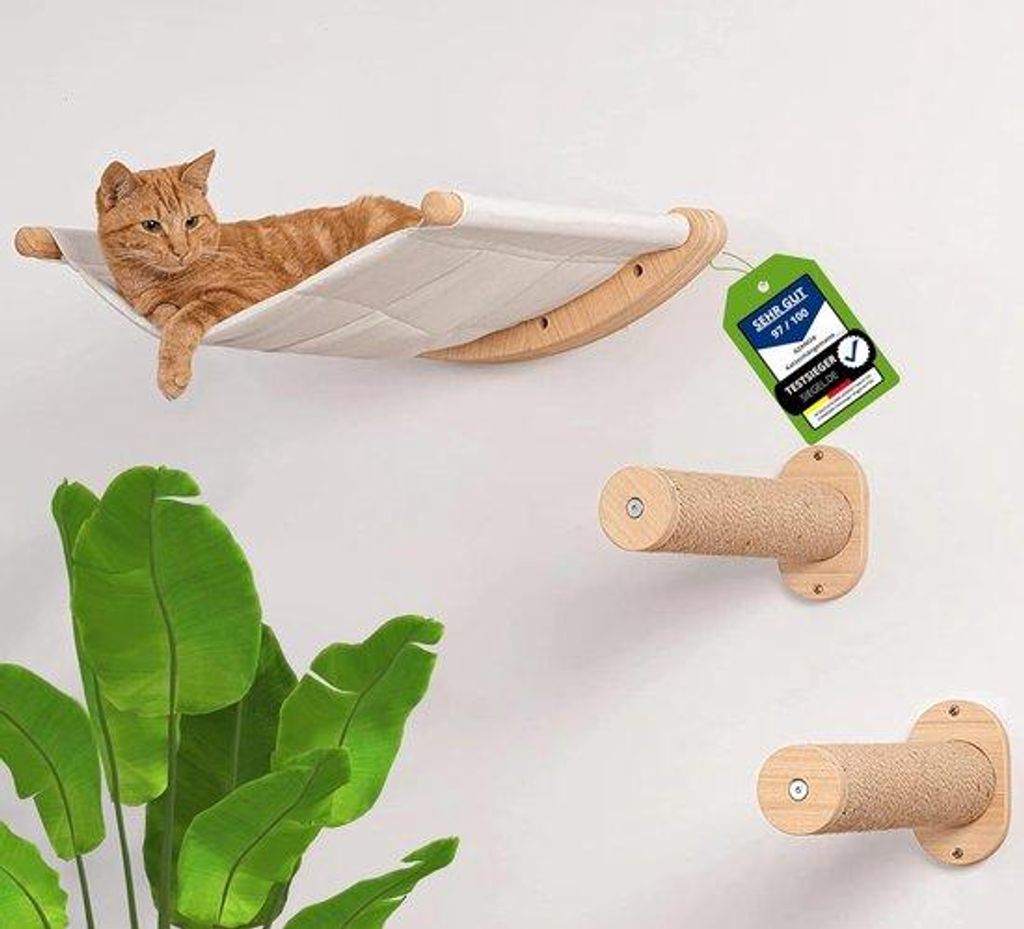 Kletterwand für Katzen - XL Katzenhängematte - natürlicher Holz - 3-teilig