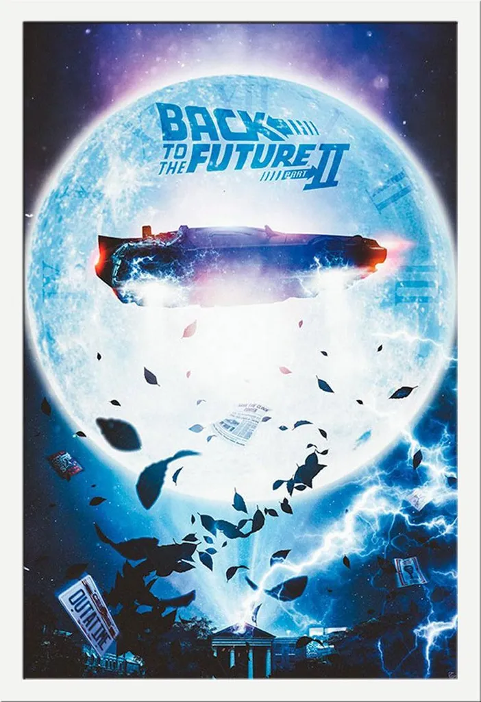 Ritorno al futuro - Poster - DeLorean volante + cornice rimovibile, Shinsuke® Maxi MDF bianco, vetro acrilico